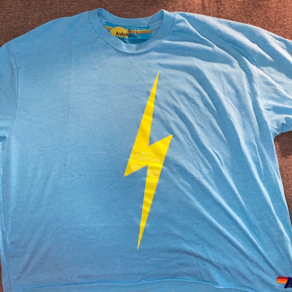 Aviator Nation Bright blue and neon yellow lightning bolt shirt